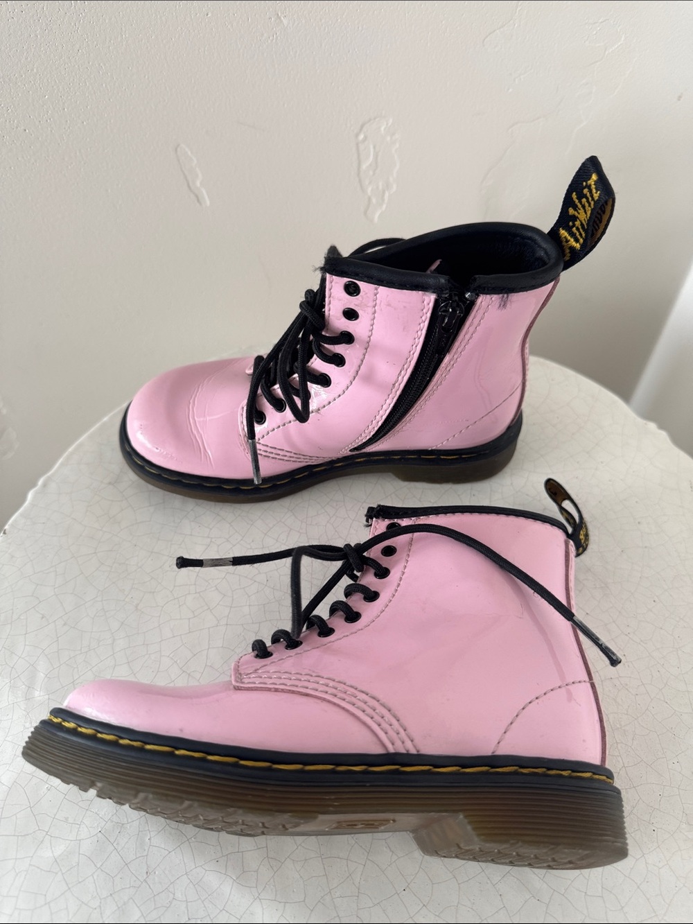 Dr. Martens 1460 Toddler Pink Patent Lace-Up Ankle Boots Side Zipper Size 10 EUC